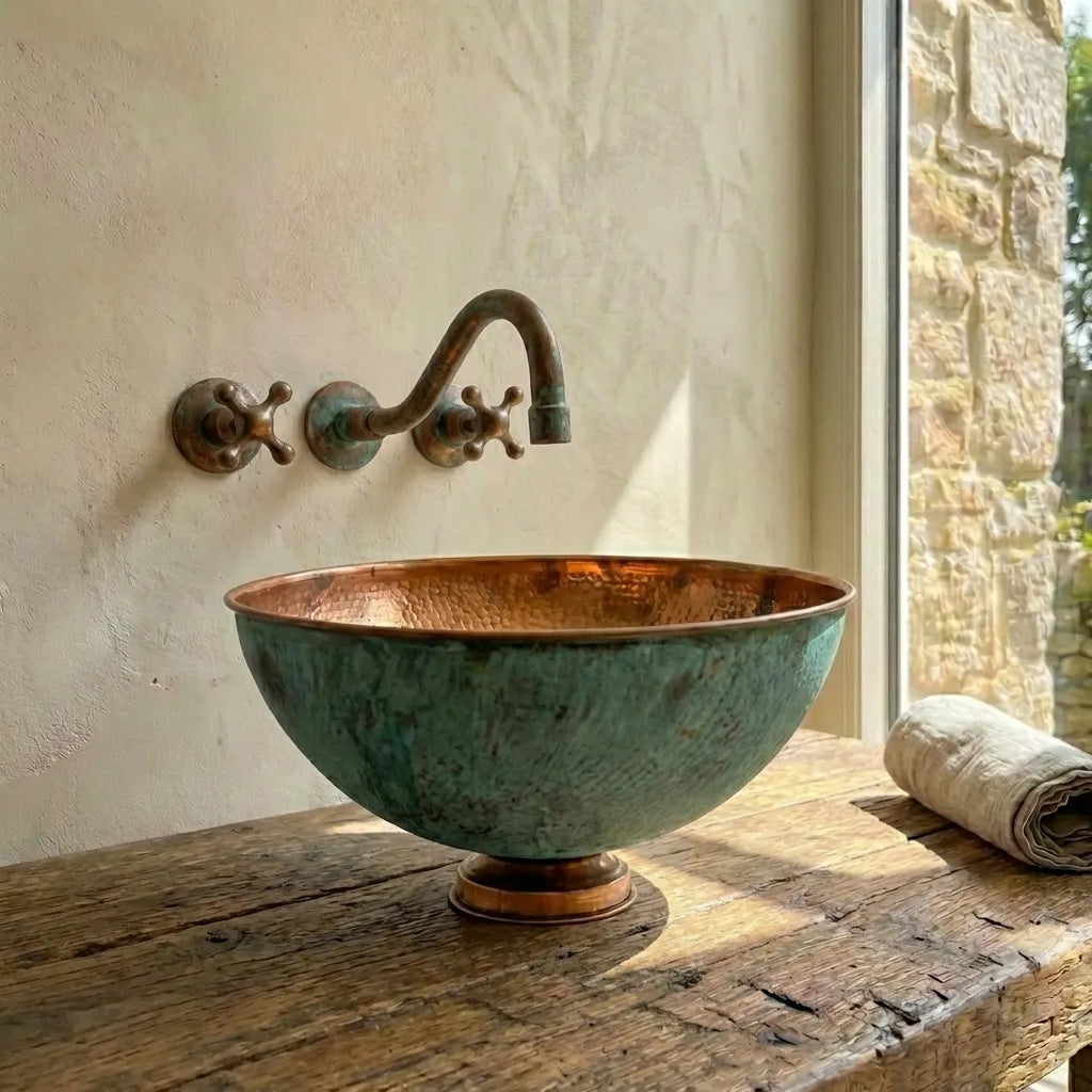 Oxidized Copper vessel sink Bathroom, Green Copper Wash Basin Sink Bathroom