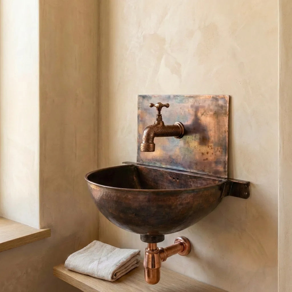 Copper Wall Mounted Sink Bathroom, Rustic Vessel Copper Sink Bathroom