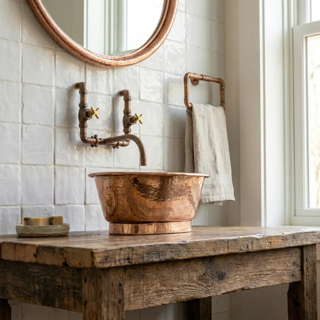Hammered Copper Oval Vessel Sink – Rustic Tub Style Bathroom Wash Basin