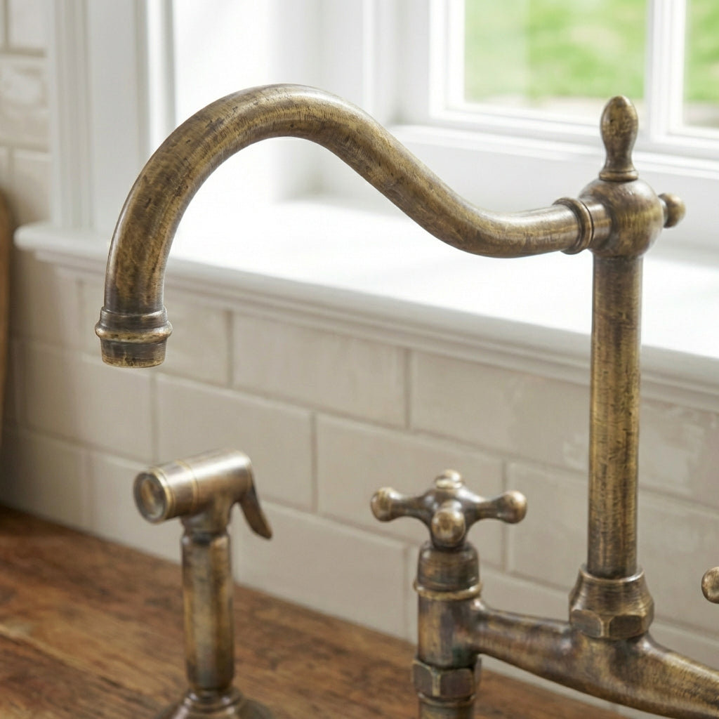 Handmade Victorian Vintage Brass Bridge Kitchen Faucet - Ornate Swan-Neck