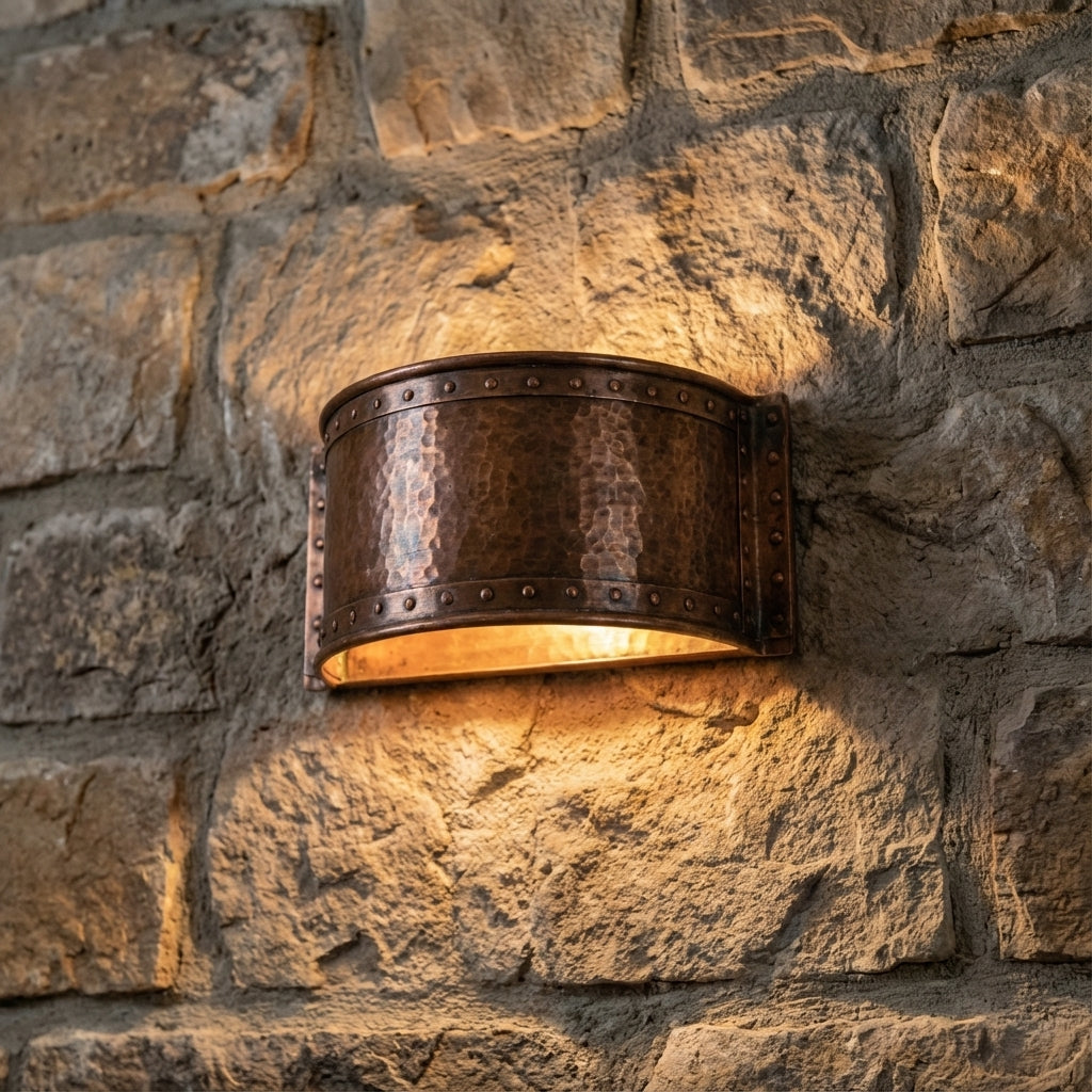 Riveted Hammered Copper Wall Sconce – Rustic Indoor Outdoor Light
