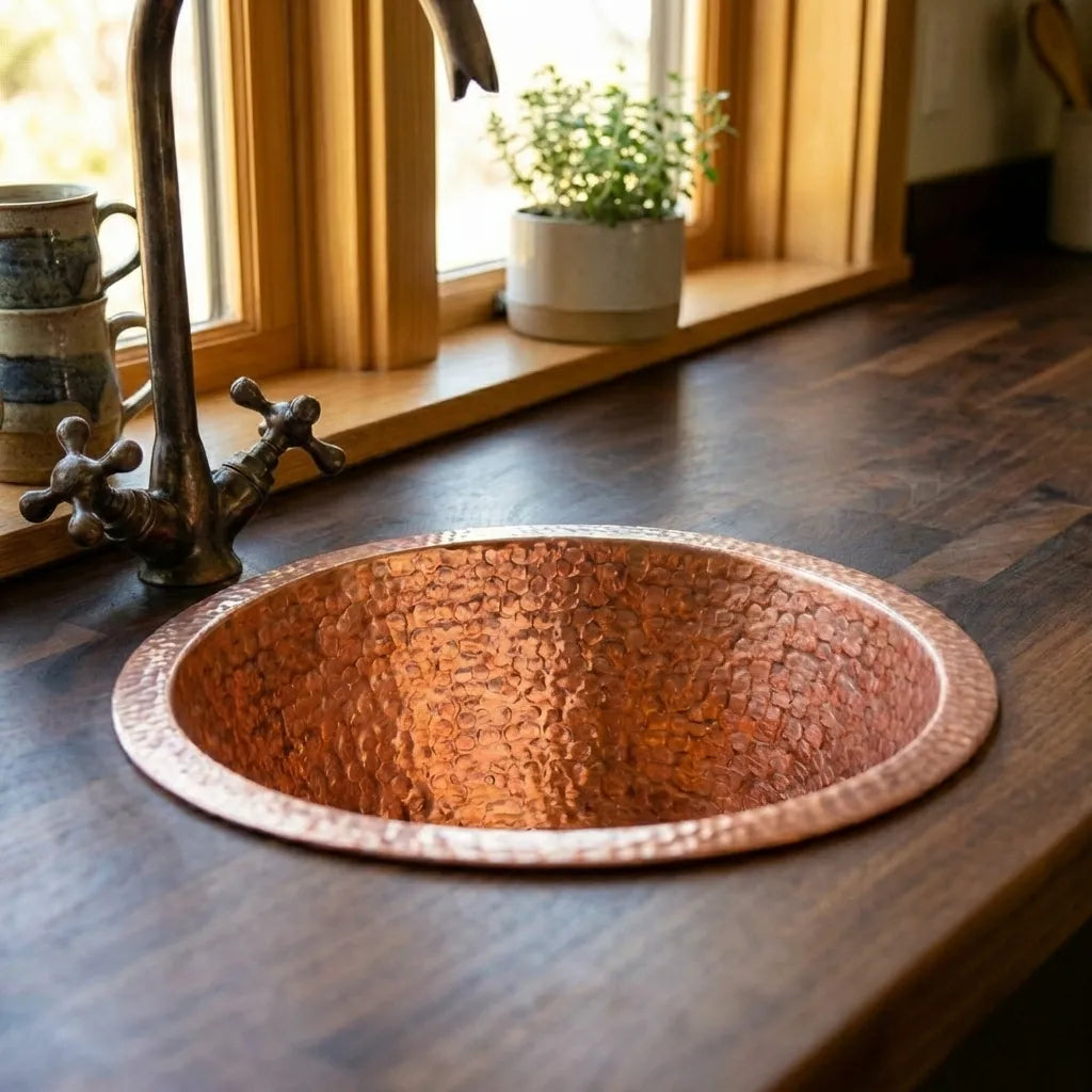 Round kitchen Sink, Hammered Copper Round Drum Bar Sink Including Drain