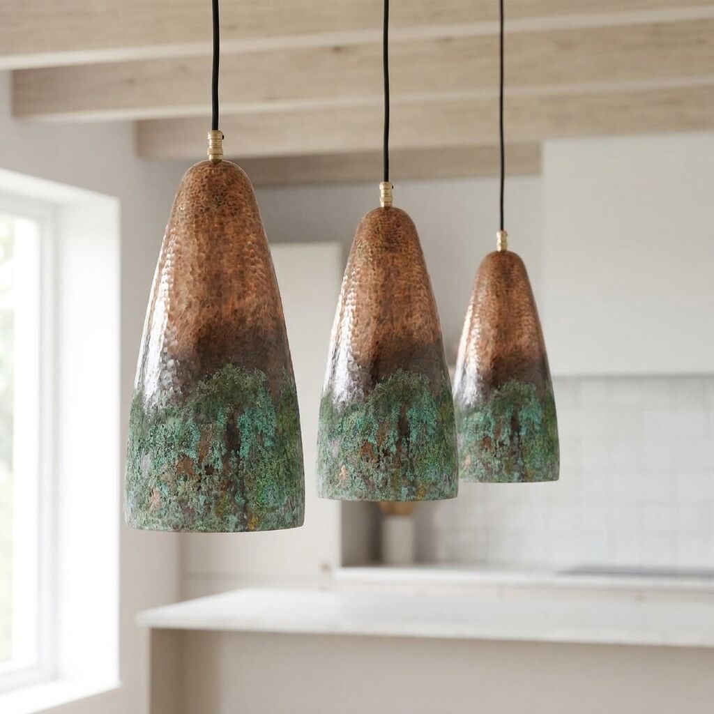 Set of 3 Long Drop Copper Pendants – Green Patina Farmhouse Lighting