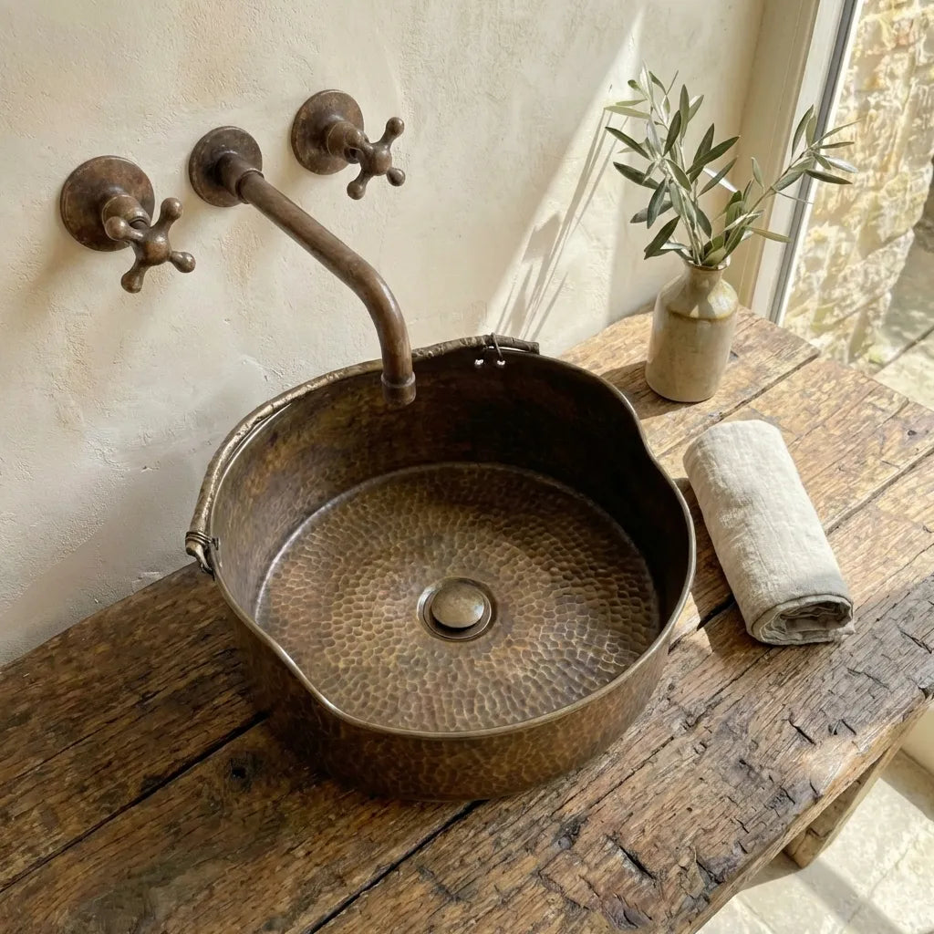 Rustic Brass Hammered Round Bathroom Sink, Aged Brass Vessel sink for bathroom