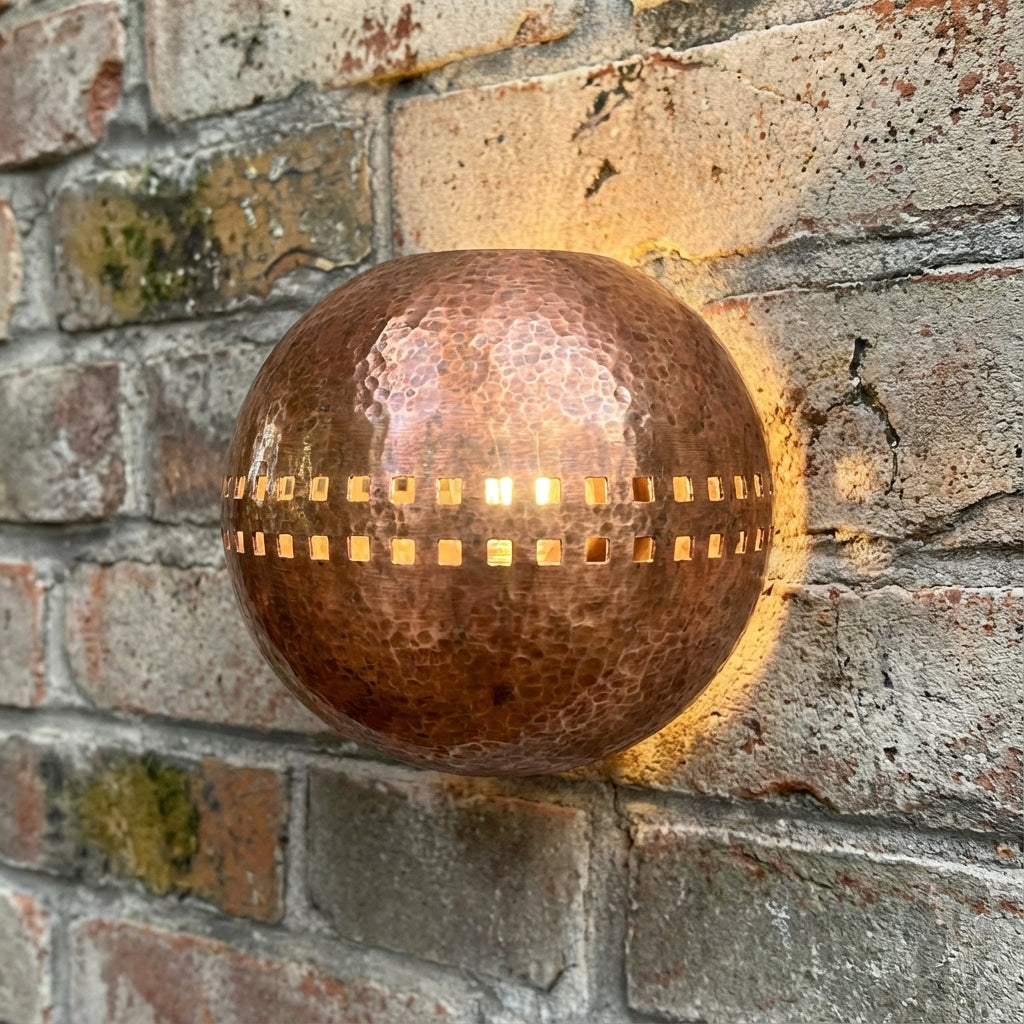 Hammered Copper Globe Wall Sconce – Square Cutout Rustic Light