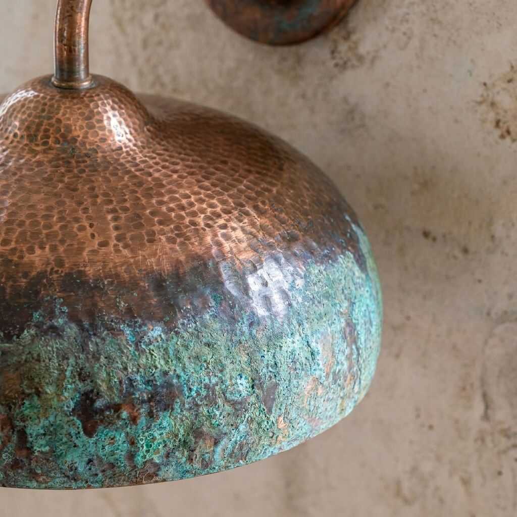 Set of 3 Hammered Copper Wall Lamps – Green Patina Rustic Vintage Lighting