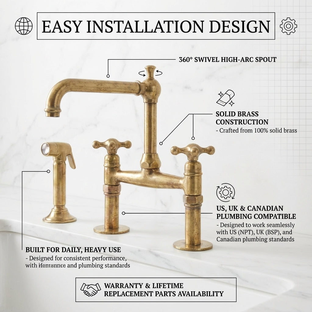 Old-World Unlacquered Brass Bridge Faucet With Traditional Design