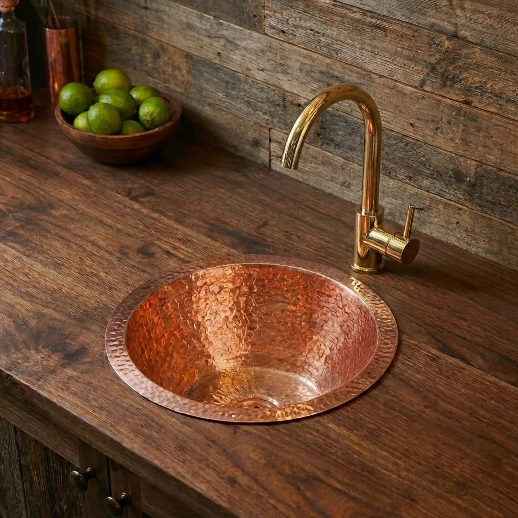 Copper Round Bar Sink, Hammered Copper Round Drum Bar Sink Including Drain