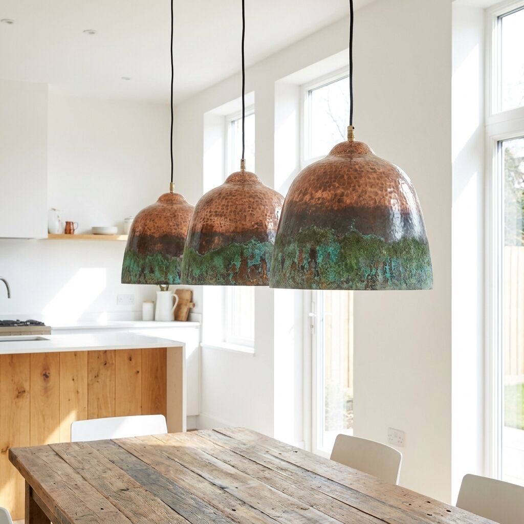 Set of 3 Long Drop Hammered Copper Dome Pendant Lights – Green Patina Rustic Lamps