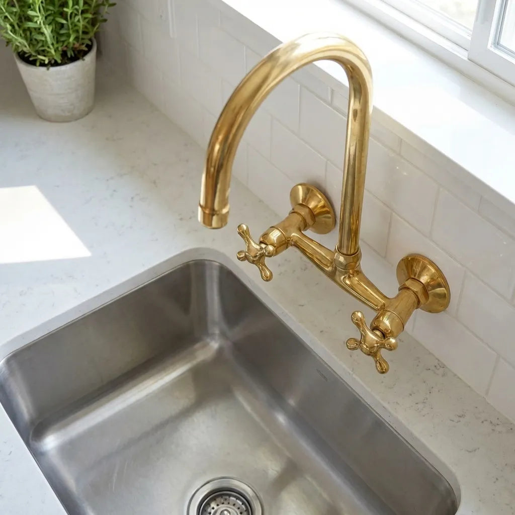 Unlacquered Brass Wall Mount Kitchen Faucet – Vintage Sink Tap with Cross Handles