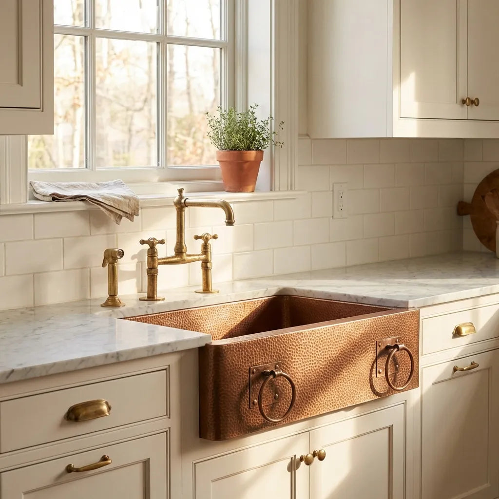 Hammered Copper Single-Bowl Farmhouse Sink with Rings - Ryla