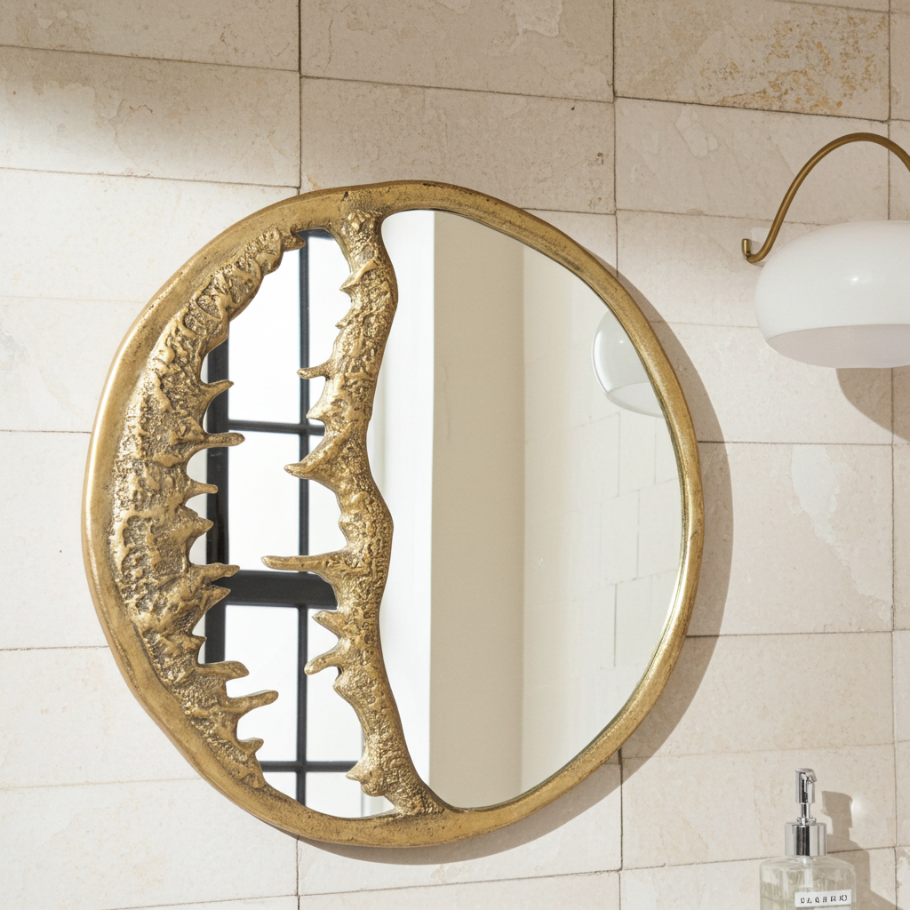 Sculptural Brass Wall Mirror – Handmade Textured Gold Round Statement Decor