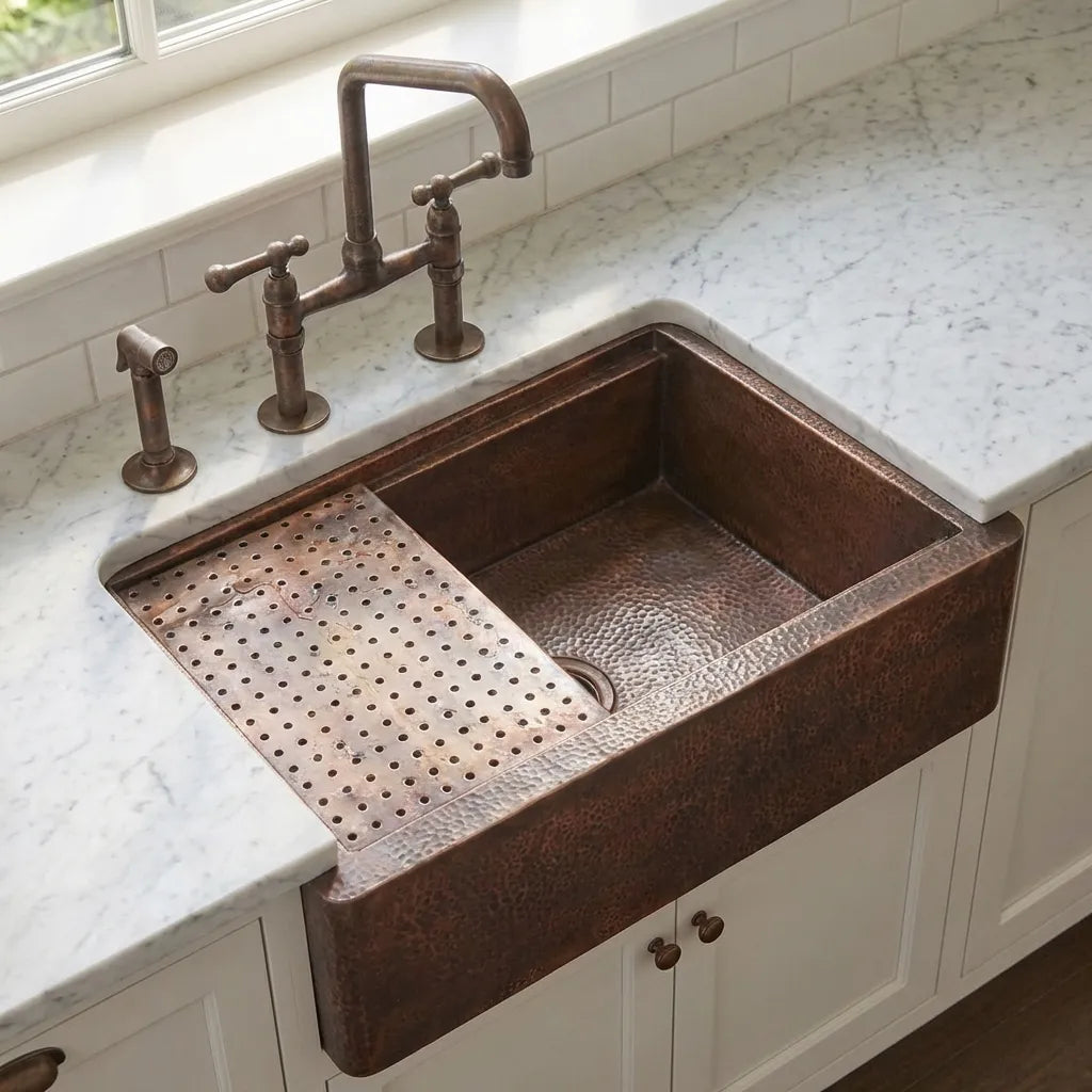 Aged Copper Patina farmhouse sink with flat grid