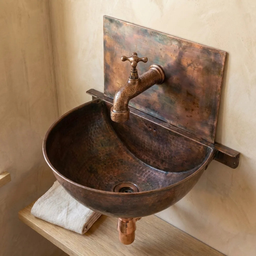 Copper Wall Mounted Sink Bathroom, Rustic Vessel Copper Sink Bathroom