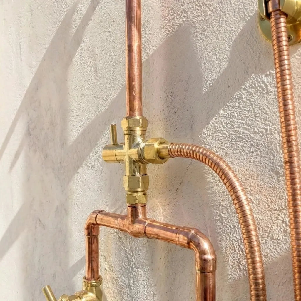 Outdoor Copper Shower System with Handheld Sprayer – Rustic Wall Mount Rain Shower Set