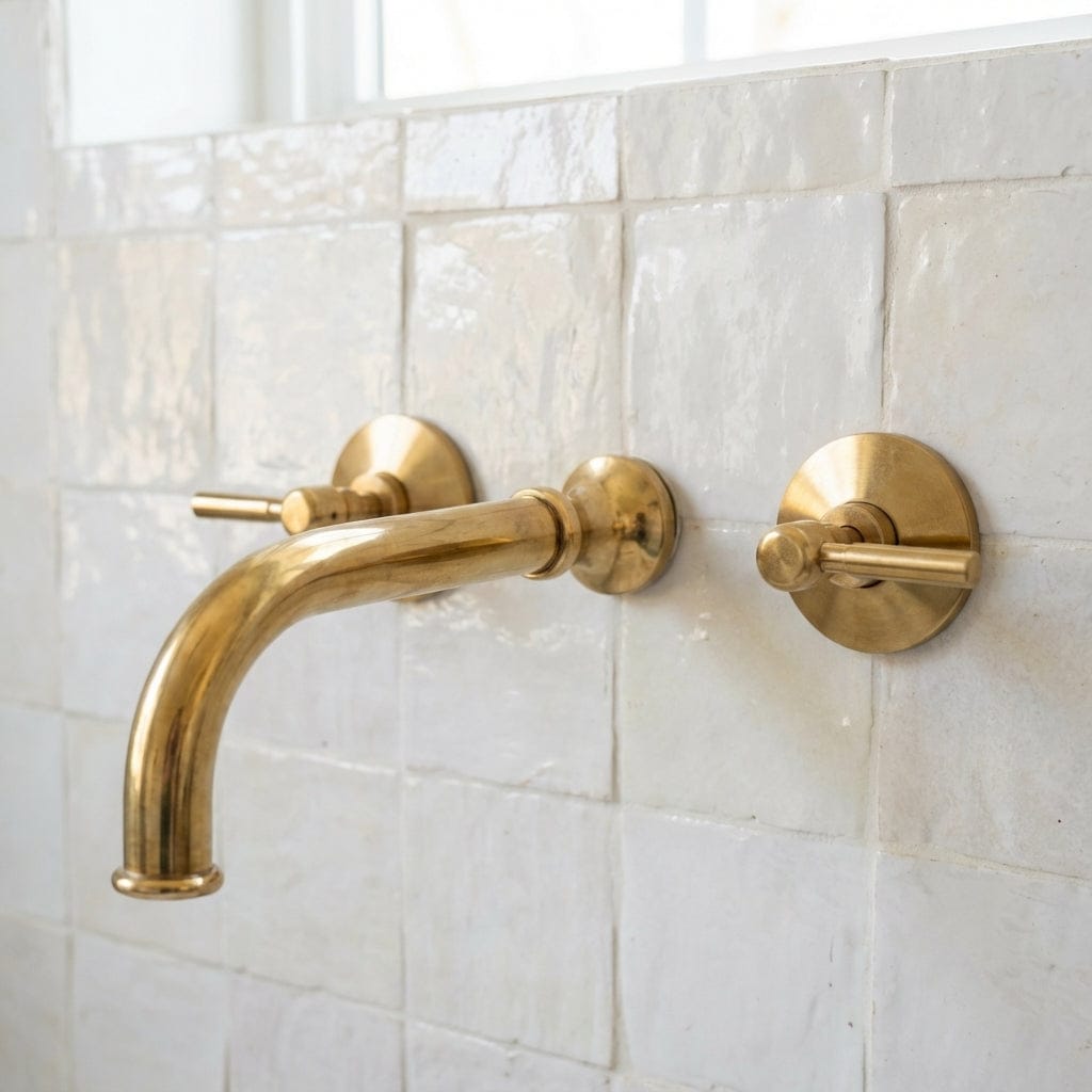 Unlacquered Brass Wall Mount Bathroom Faucet with Lever Handles – Handmade Solid Brass Sink Tap