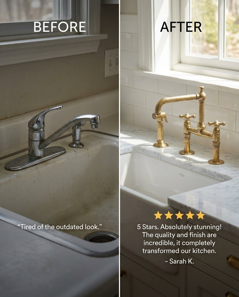 Old-World Unlacquered Brass Bridge Faucet With Traditional Design