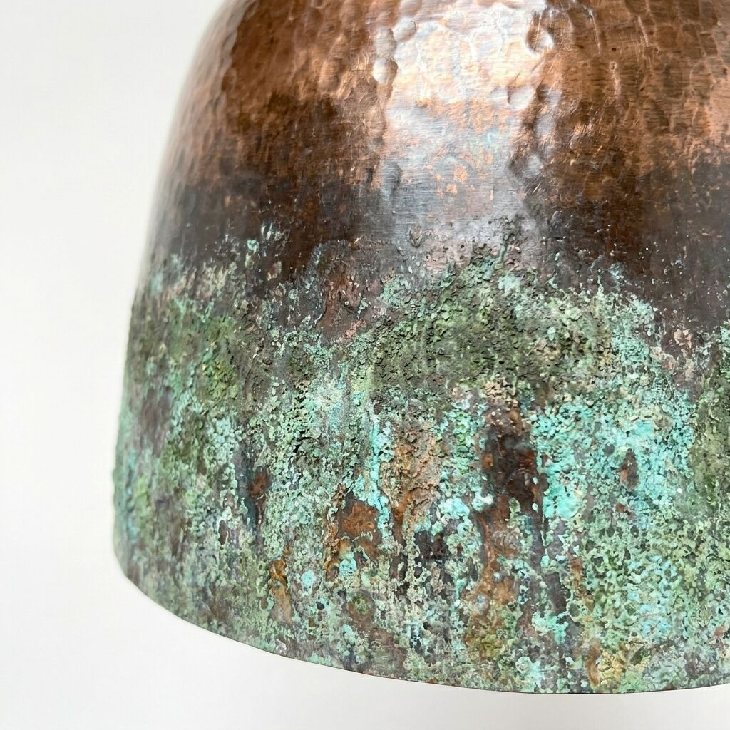 Set of 3 Long Drop Hammered Copper Dome Pendant Lights – Green Patina Rustic Lamps