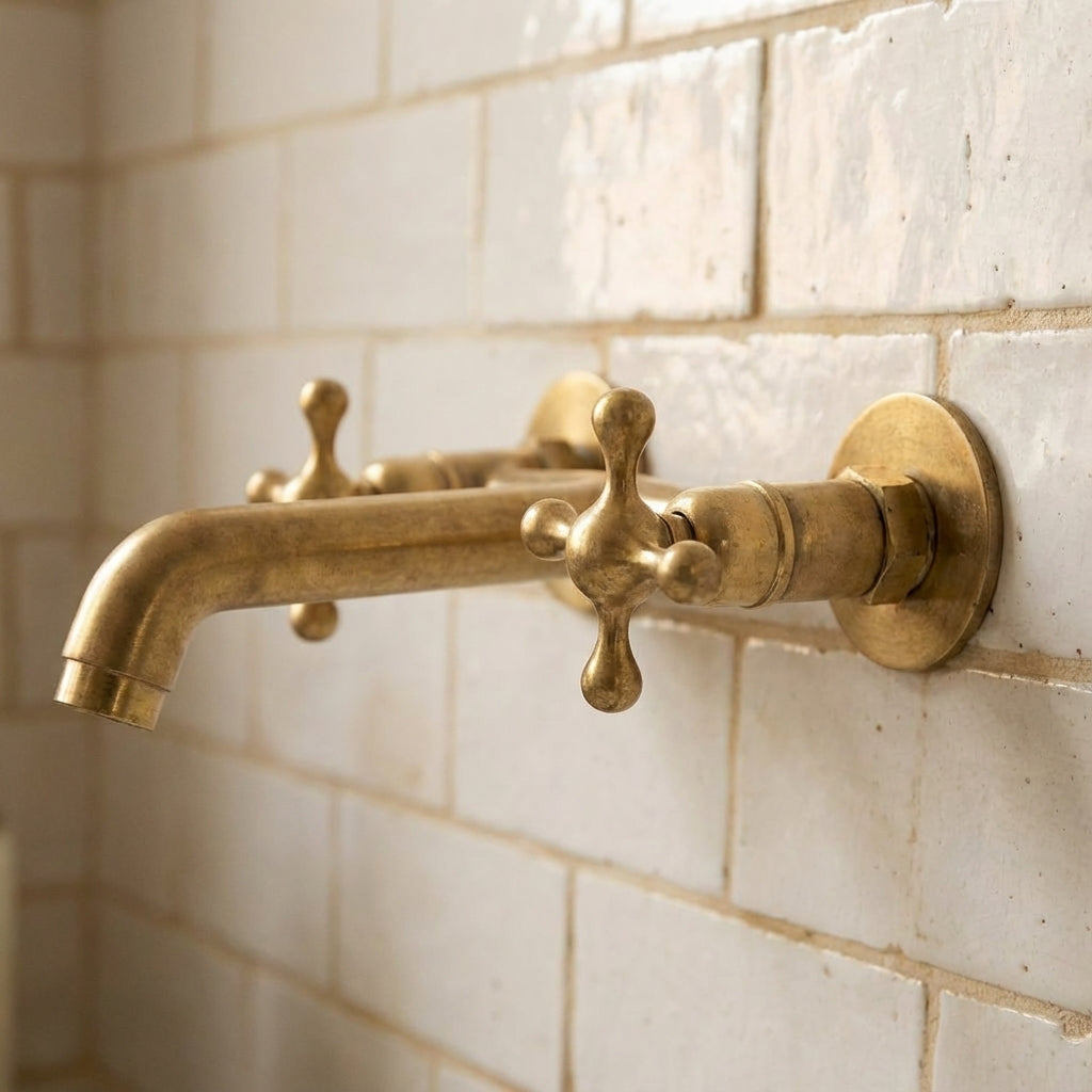 Unlacquered Brass Wall Faucet – Vintage Double-Handle Sink Tap