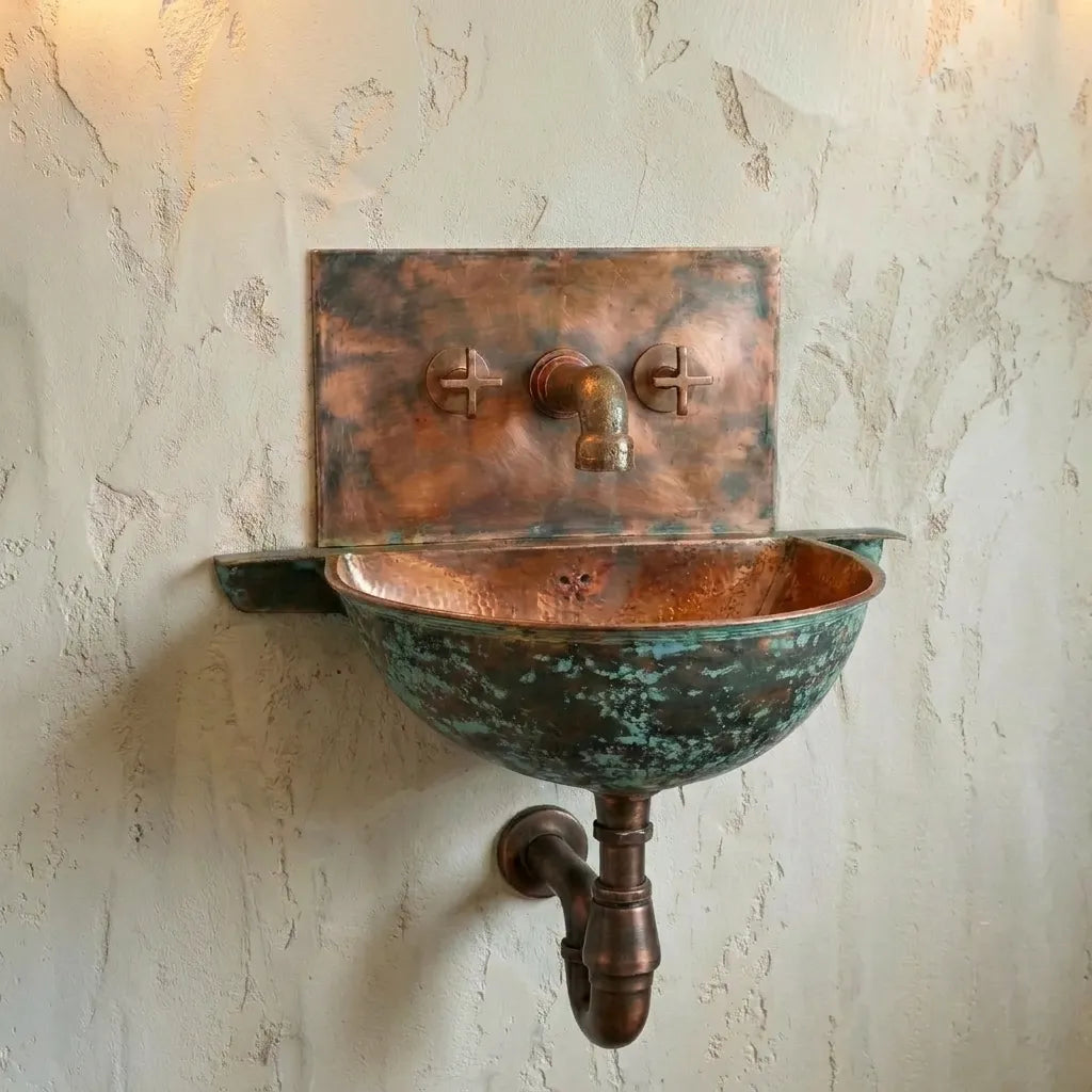 Oxidized Copper Wall Mounted Bathroom Sink With Mixer Faucet