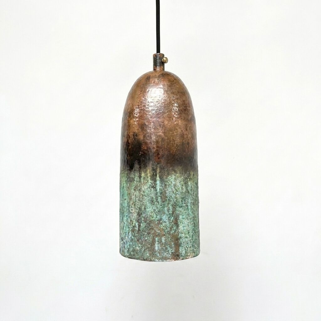 Set of Three Hammered Copper Pendant Lights – Green Patina Farmhouse Lighting