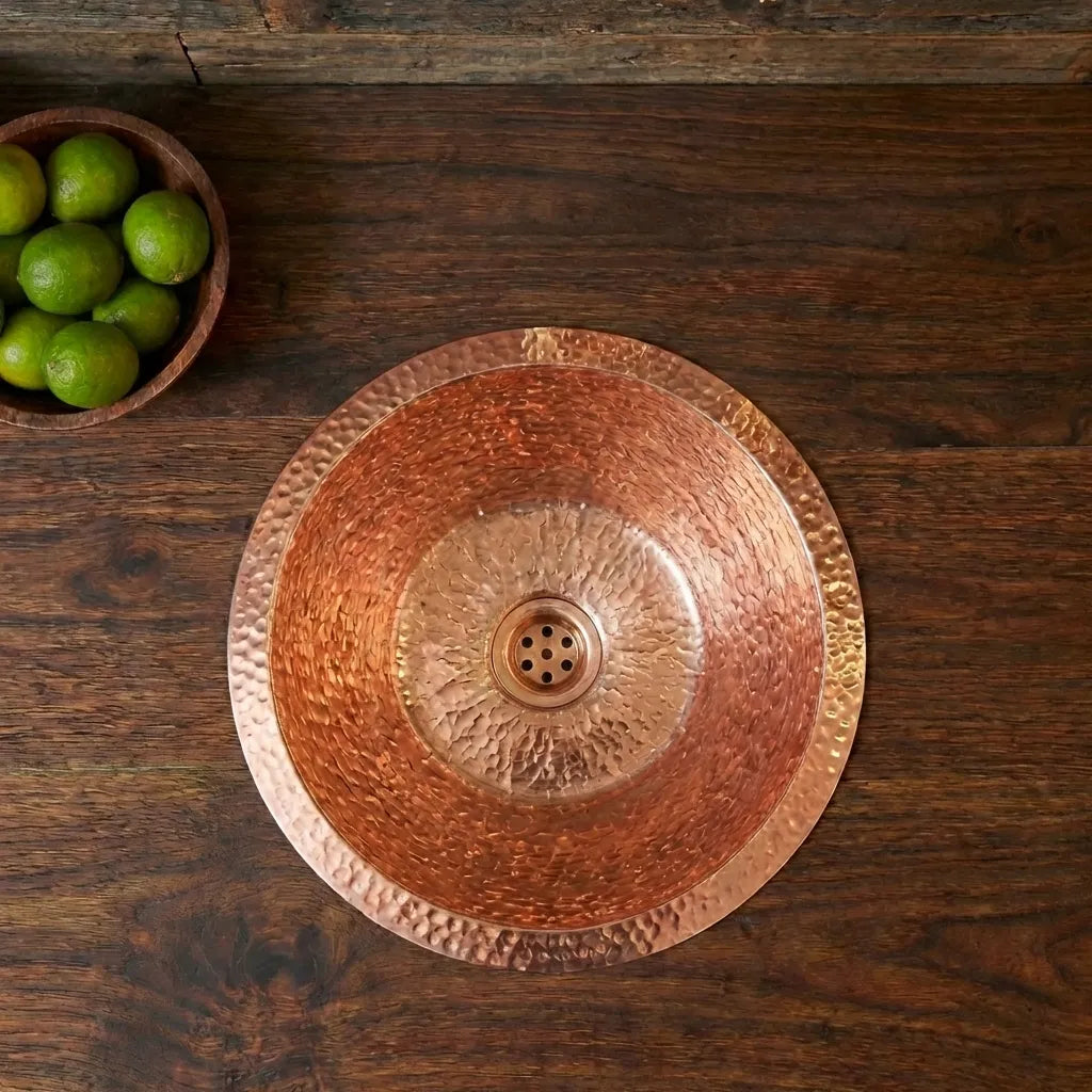 Copper Round Bar Sink, Hammered Copper Round Drum Bar Sink Including Drain