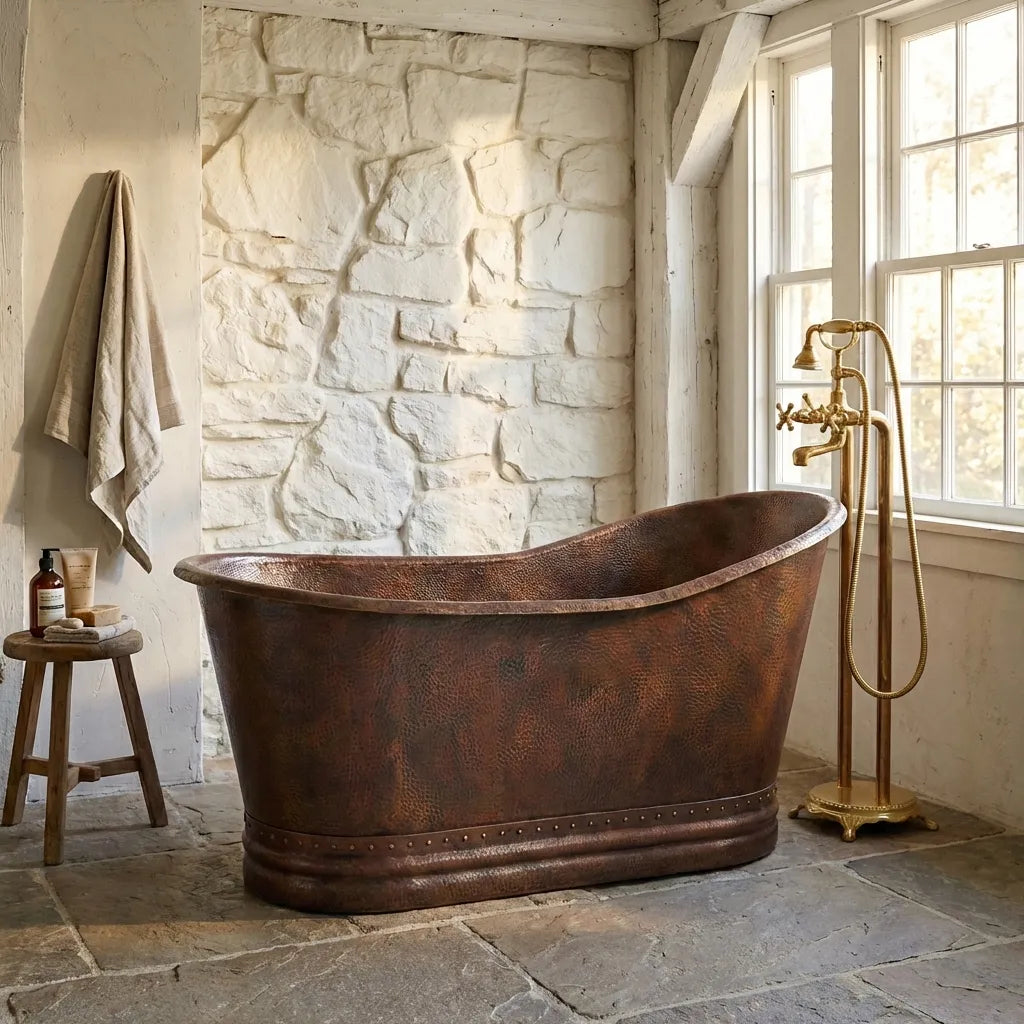 Vintage Hammered Copper Freestanding Bathtub – Rustic Farmhouse Soaking Tub