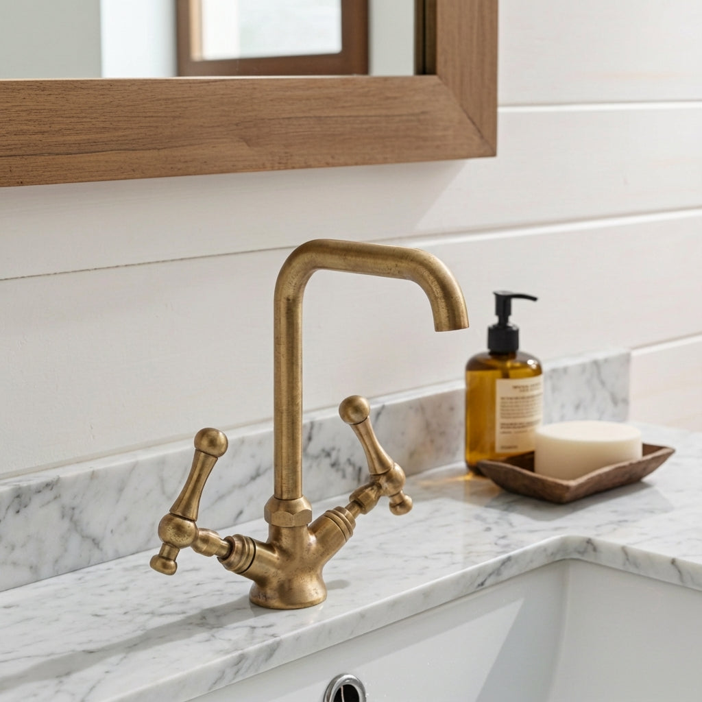 Unlacquered Brass Gooseneck Faucet – Classic Cross Handle Basin Tap