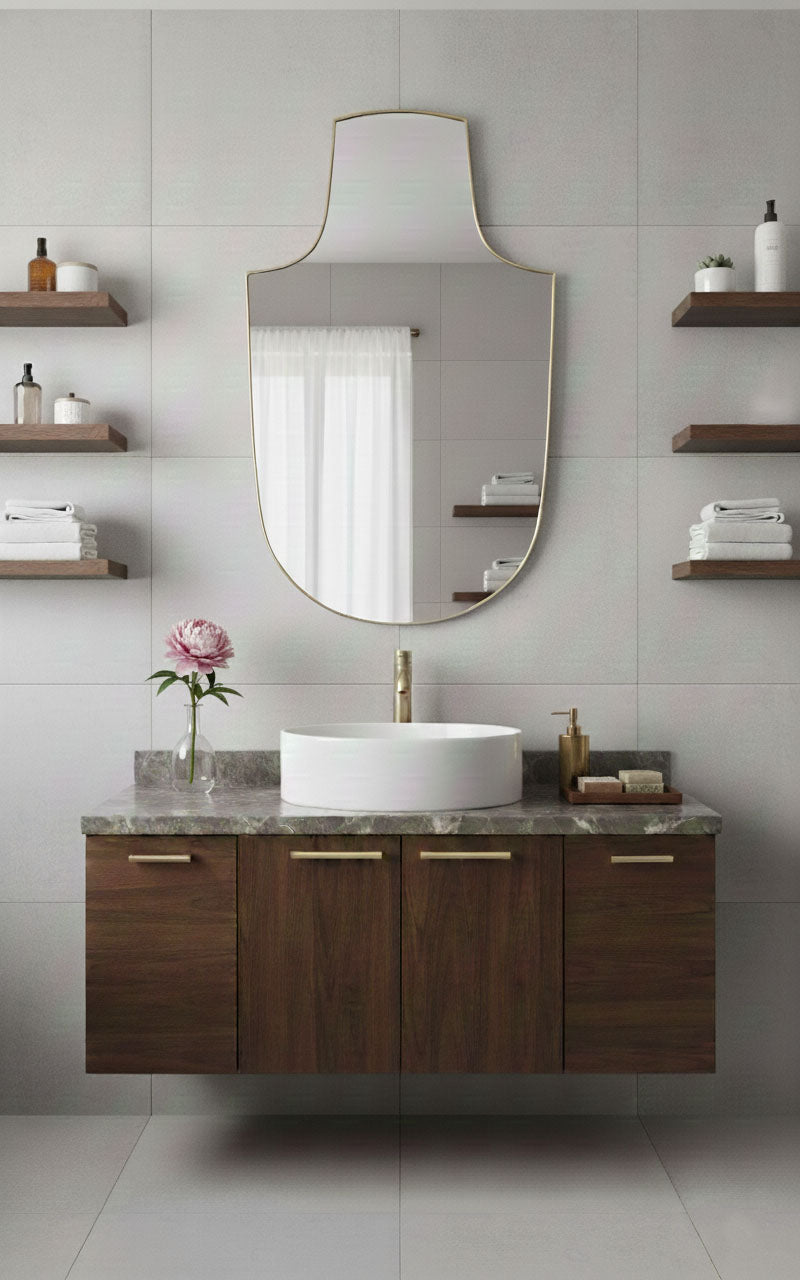 Varaudu Arch Top Shield Bathroom Brass Mirror - Antique Brass Bathroom Mirror, Vanity Wall Decor