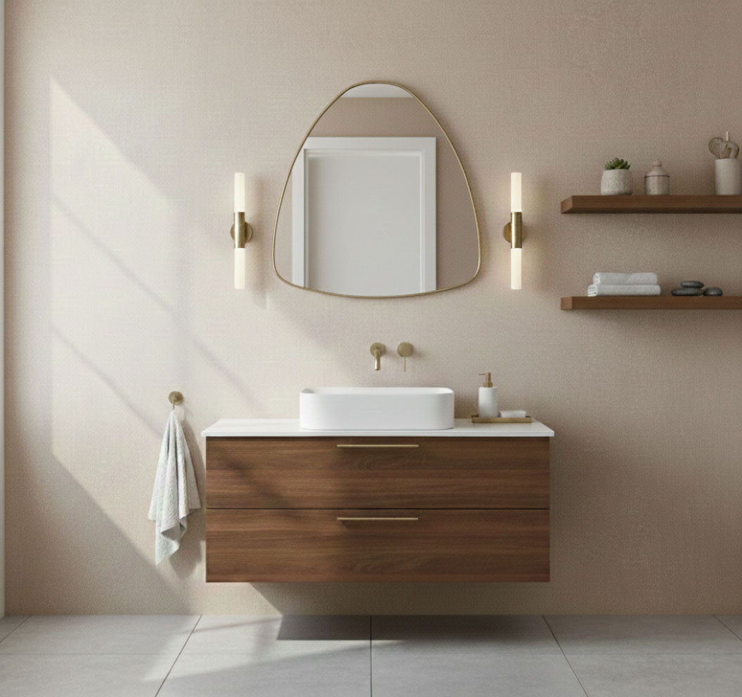 Varaudu Pebble Triangle Brass Mirror Modern Wall Design - Antique Brass Bathroom Mirror, Vanity Wall Decor