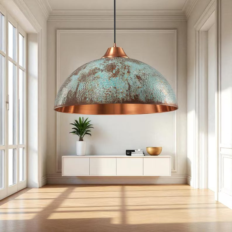 Rustic Copper Dome Pendant Light - Aged Patina Finish