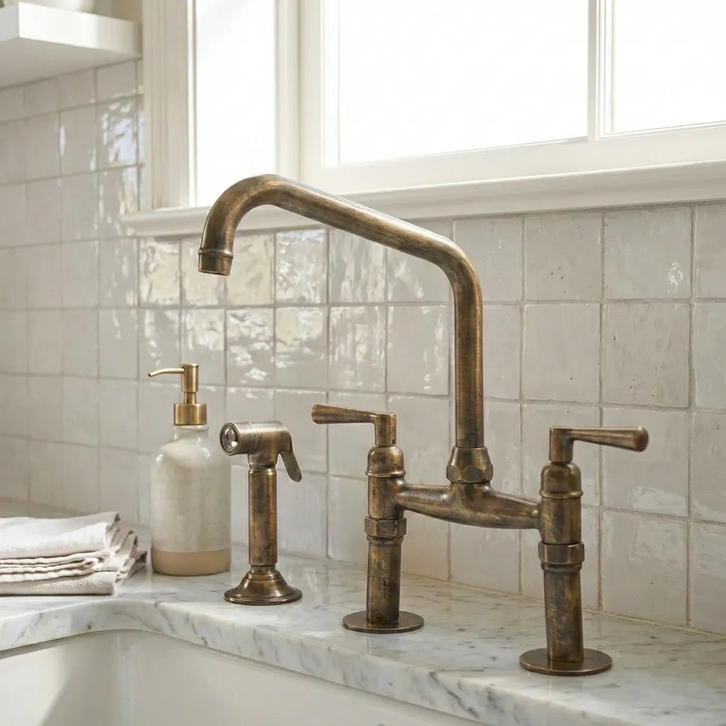 Handmade Antique Brass Bridge Kitchen Faucet