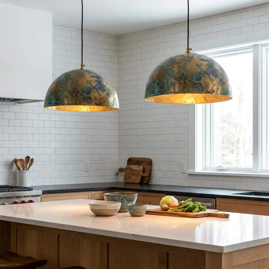 Rustic Brass Pendant Lamp with Green Verdigris Finish – Artisan Ceiling Light