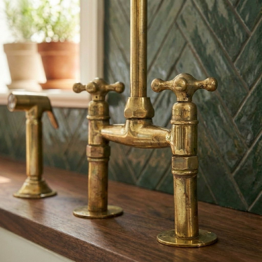 Traditional High-Arc Unlacquered Brass Bridge Kitchen Faucet