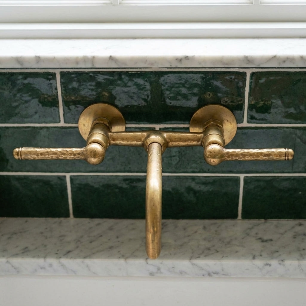 Unlacquered Brass Wall Faucet – Hammered Lever Handle Basin Mixer