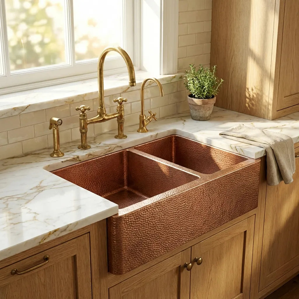 Double-Bowl Hammered Copper farmhouse sink - Small Bowl Right -Solara