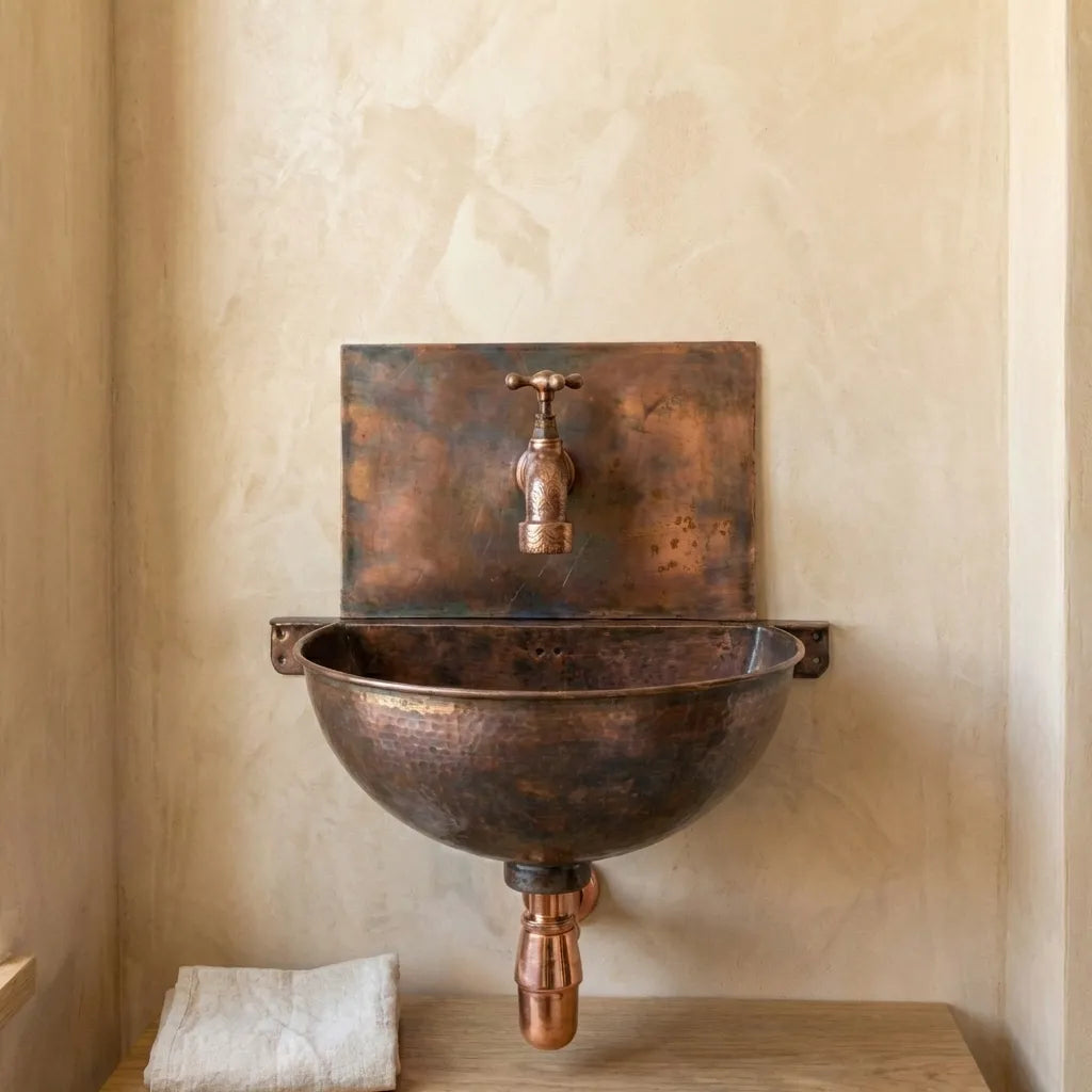 Copper Wall Mounted Sink Bathroom, Rustic Vessel Copper Sink Bathroom