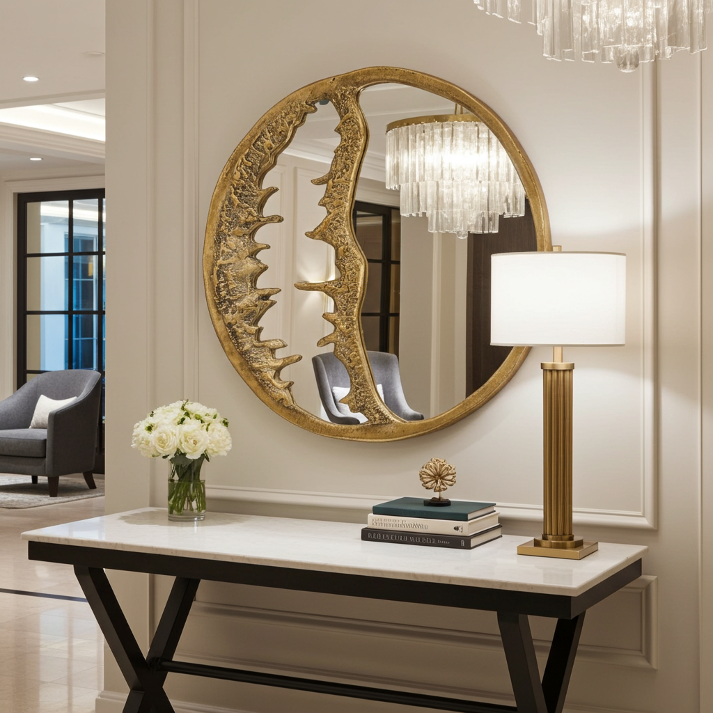 Sculptural Brass Wall Mirror – Handmade Textured Gold Round Statement Decor