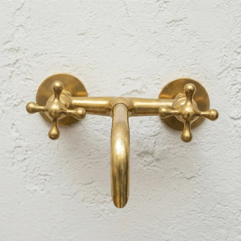 Handcrafted Unlacquered Brass Wall Mounted Tub Filler With Cross Handles