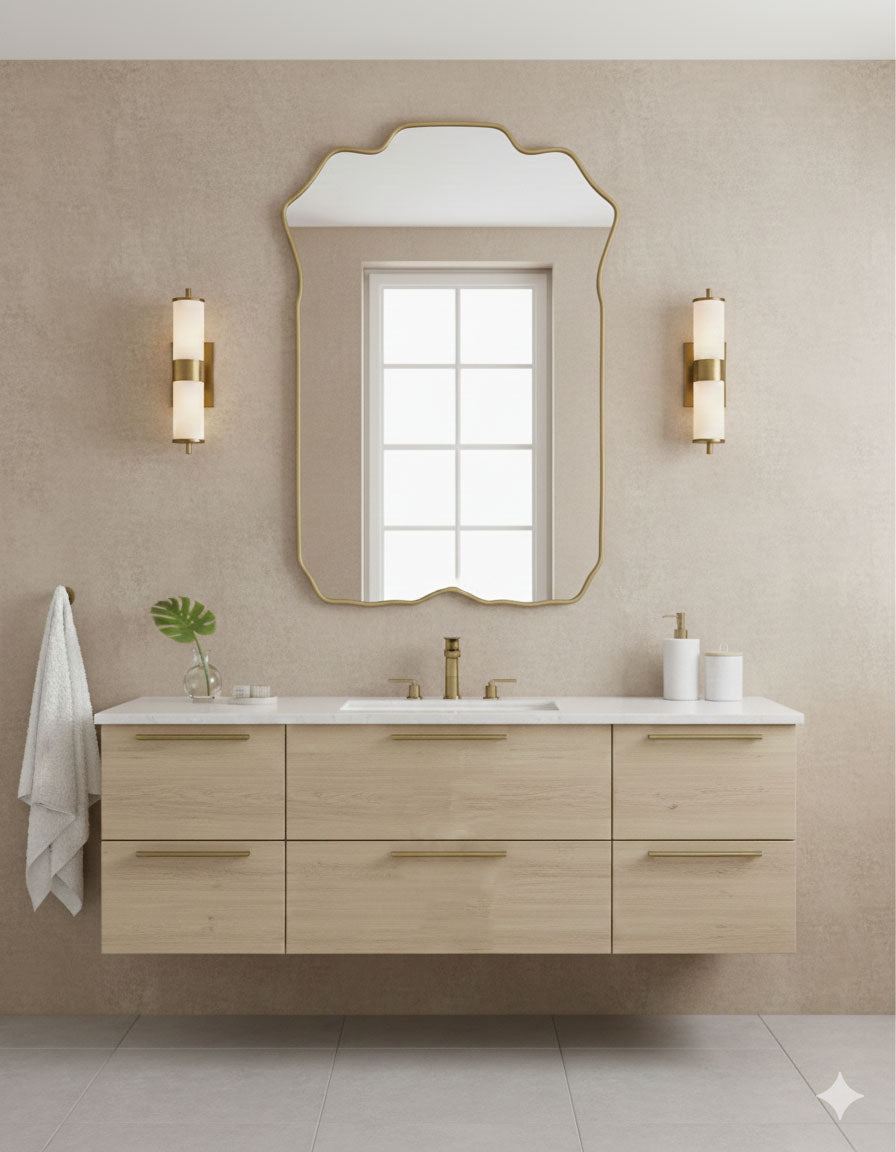 Varaudu Rectangle Brass Mirror Handmade Scalloped Vanity Mirror - Antique Brass Bathroom Mirror, Vanity Wall Decor