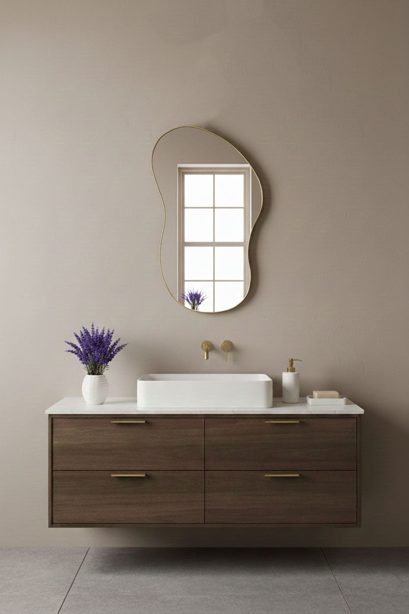 Varaudu Artisan Freeform Brass Wall Mirror - Antique Brass Bathroom Mirror, Vanity Wall Decor