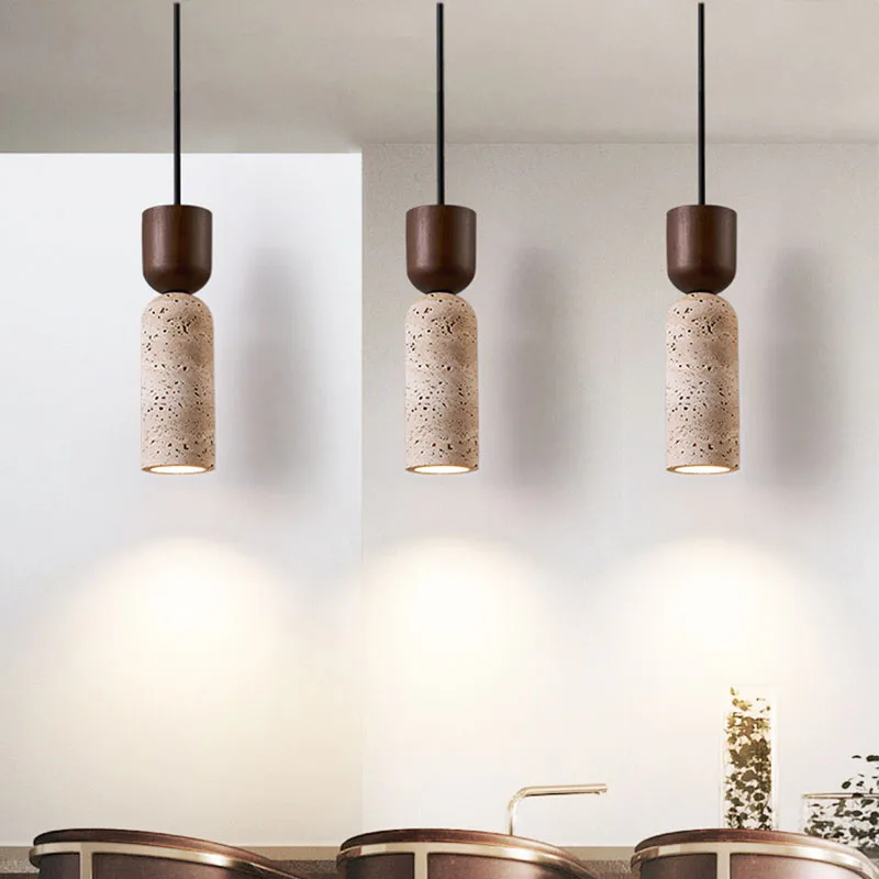 Auren Wabi Sabi Cylinder Travertine Stone and Wood Pendant Light