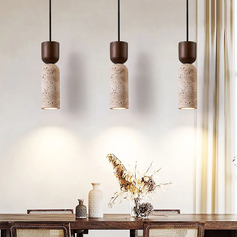 Auren Wabi Sabi Cylinder Travertine Stone and Wood Pendant Light