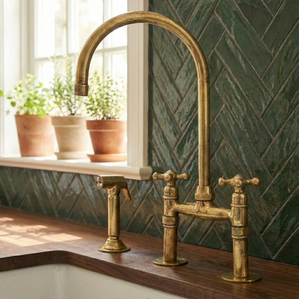 Traditional High-Arc Unlacquered Brass Bridge Kitchen Faucet