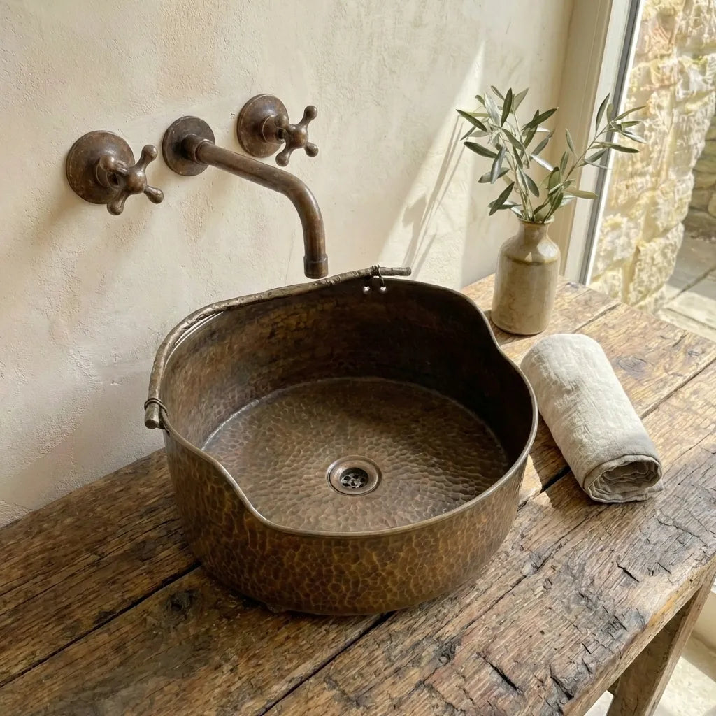 Rustic Brass Hammered Round Bathroom Sink, Aged Brass Vessel sink for bathroom