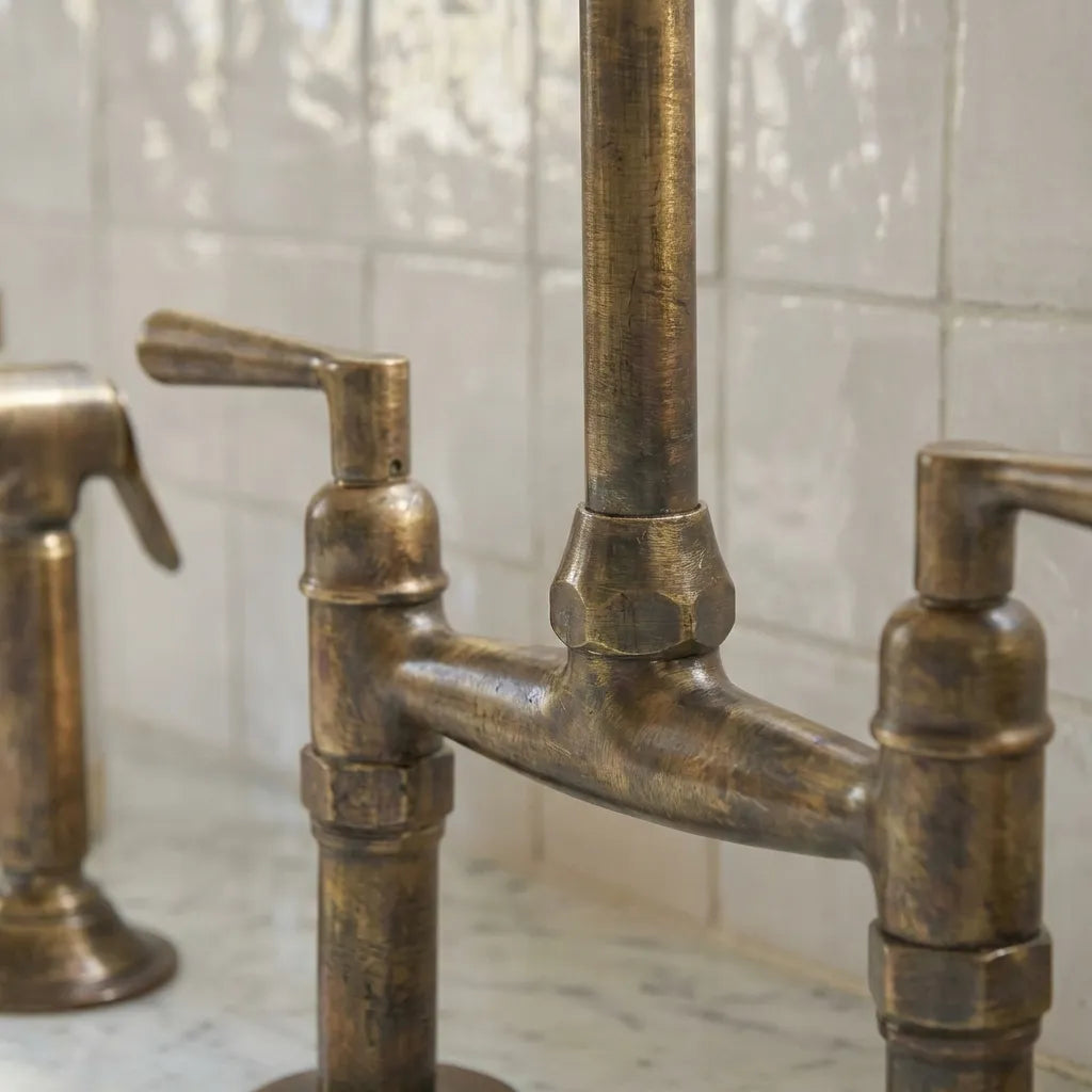 Handmade Antique Brass Bridge Kitchen Faucet