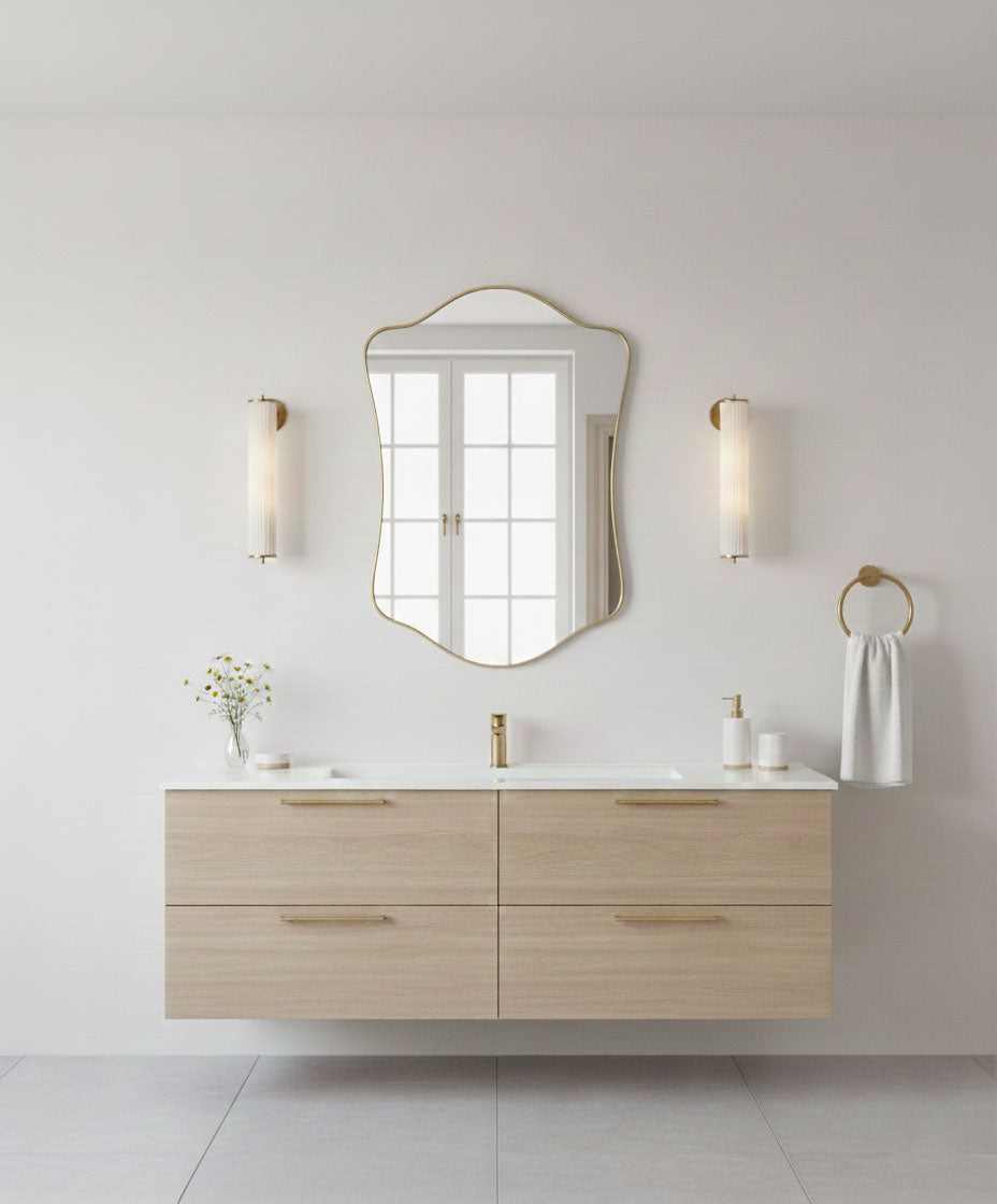 Varaudu Wavy Shield Mirror Handmade Brass Mirror - Antique Brass Bathroom Mirror, Vanity Wall Decor