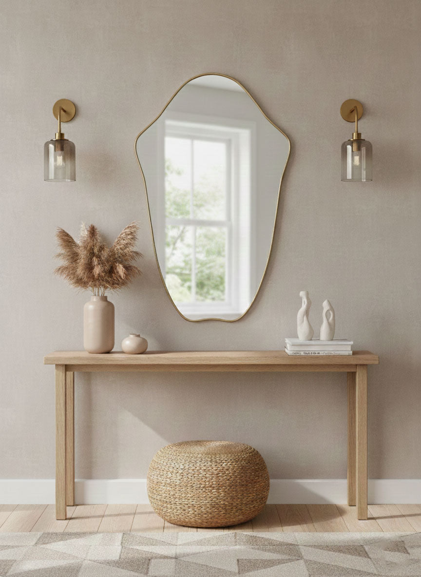 Varaudu Crest Edge Mirror Handmade Brass Wall Mirror - Antique Brass Bathroom Mirror, Vanity Wall Decor