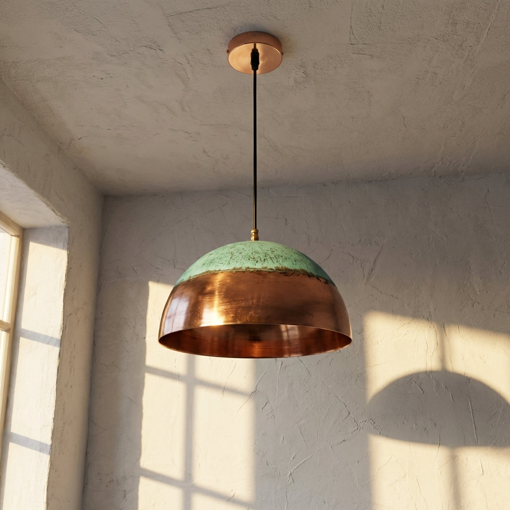 Green Patina Copper Pendant Light ,Oxidized Copper Farmhouse Pendant Light