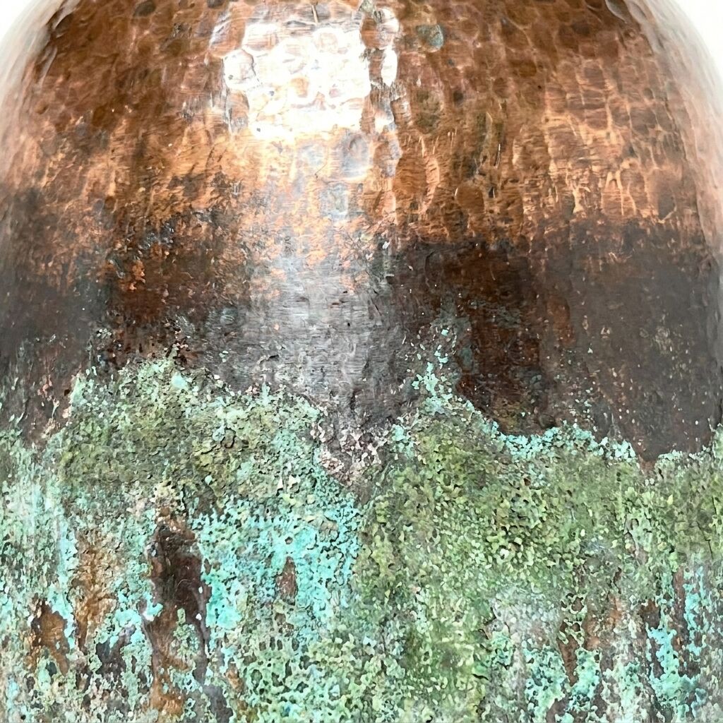 Set of 3 Long Drop Hammered Copper Dome Pendant Lights – Green Patina Rustic Lamps